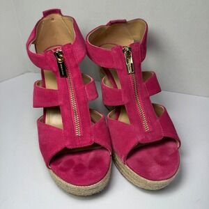 Michael Kors Damita Pink Suede Wedge Espadrille Sandals Gold Hardware Women 8.5M